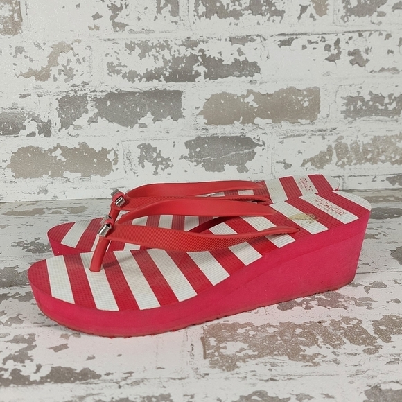 Coach Women's Pink & White Striped Thong Wedge Flip Flop Sandals V287 - Picture 1 of 8